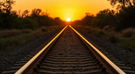 Obraz premium Railroad track at sunset stretching into the distance with a warm golden hour landscape glow 