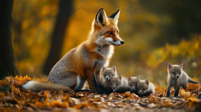 Red Fox Vixen with Kits in Autumn Forest