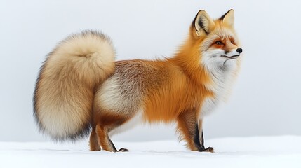 Obraz premium Curious red fox standing alert its fluffy tail curled elegantly high resolution fur texture isolated on a white background
