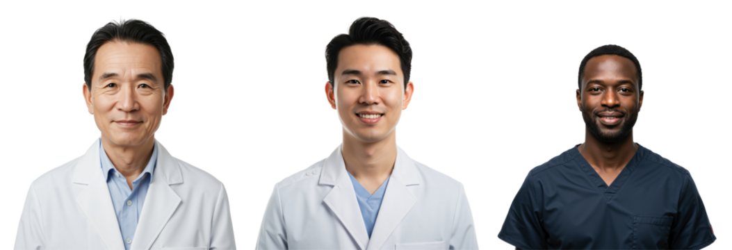 Diverse Group of Male Medical Professionals in White Lab Coats and Scrubs, Doctors and Health Care Workers