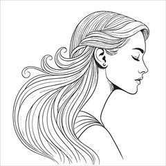 Female profile line art with flowing hair, simple and modern outline for artwork or design use