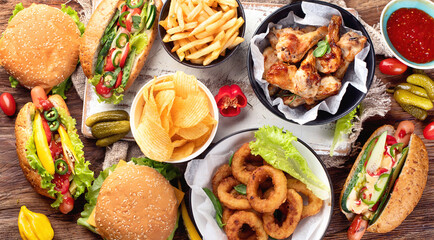  American food. Fast food on wooden table