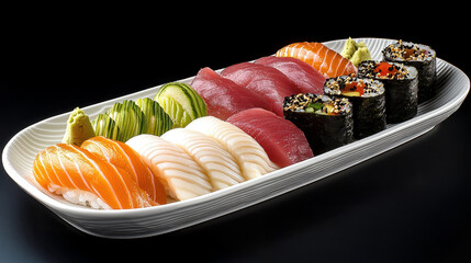 Assorted Sushi Platter Salmon, Tuna, and Other Fish on White Plate