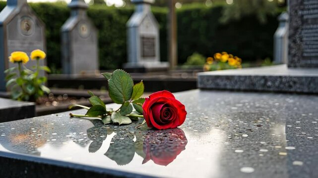 Red rose placed on polished gravestone in a cemetery  
