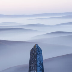Misty morning landscape with an obelisk and rolling hills under a pale sky
