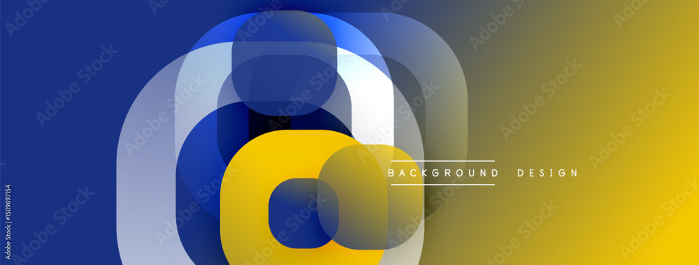 Poster abstract design features overlapping circles, gradient colors. blue transitions to gold. modern, min