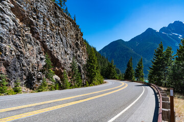 Fototapeta premium Road to Diablo lake with mountain landscape. Landscape mountain and road. Travel destination. Landscape route to North Cascades National Park. Scenic nature. North Cascades nation park
