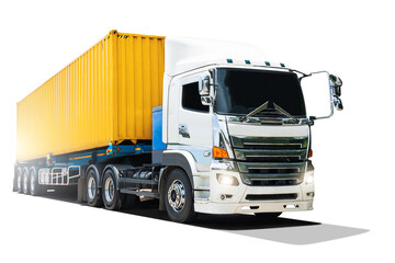 Semi Trailer Trucks on White Background. Big Rig, Tractor Truck. Yellow Shipping Cargo Container....