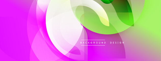 Abstract flowing shapes, vibrant pinks, greens, whites create dynamic background. Modern design elements suggest movement, energy.