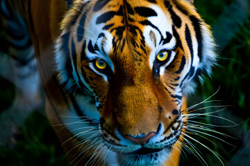 A close-up portrait of a fierce wild tiger with striking stripes and piercing eyes