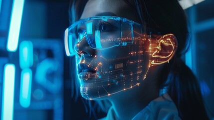 Cyber dentist avatar appearing on a holographic screen providing real time AI consultations sleek sci fi background