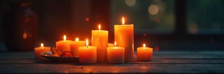 Cozy ambiance created by multiple candles of varying heights and sizes, casting a warm glow on a dark wooden surface , dark, fire, focus