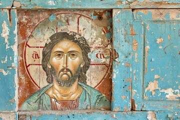 Jesus icon on weathered wooden panel