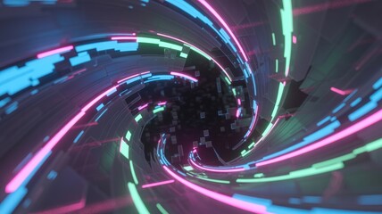 Vibrant Neon Light Trails Swirling Through a Futuristic Digital Tunnel of Technological Advancement
