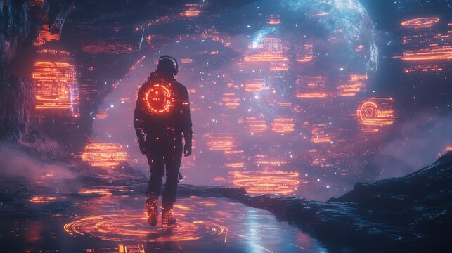 Cybernetic digital nomad walking through a landscape of glowing floating islands surrounded by swirling digital glyphs