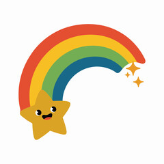 Fototapeta premium Cute Smiling Star with Rainbow and Sparkles – Colorful Cartoon Vector Illustration