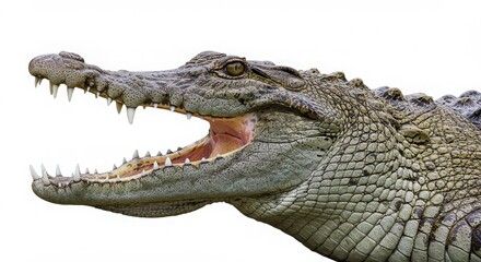 Crocodile head open mouth detailed texture on white background for wildlife photography 