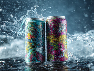 Two red bull cans with colorful designs surrounded by splashing water against a dark background scene