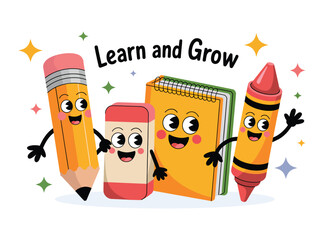 Cute School Supplies Vector - Learn and Grow Cartoon Illustration