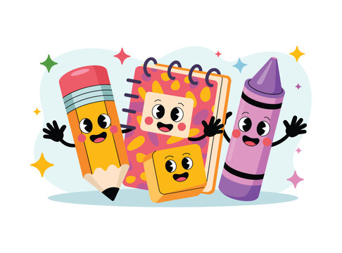 Funny School Stationery Characters &ndash; Vector Illustration