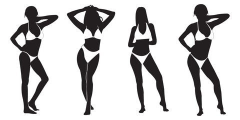 Bikini girls and woman silhouette. Beautiful sexy bikini girls standing in different poses.