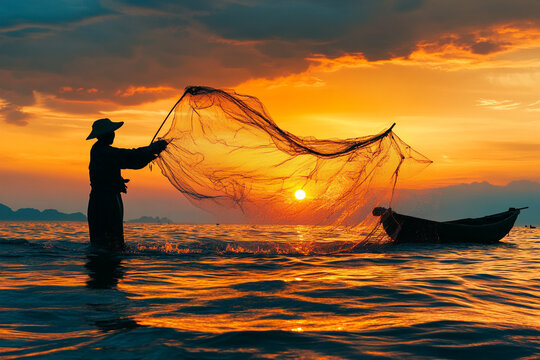 Silhouette of a fisherman casting a net into the sea