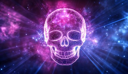 Vibrant neon skull in purple and blue glow