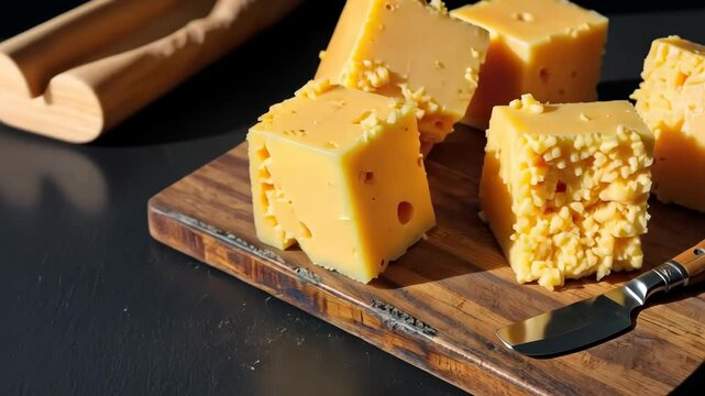 Blocks of cheese arranged on wooden board with knife and background  