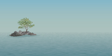 Minimalist seascape with lonely tree grows on the rocks in the middle of the sea have blue sky background graphic illustration.