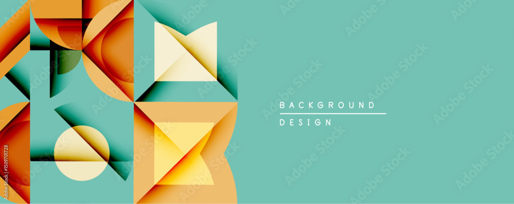 Aufkleber Abstract geometric shapes overlap, creating dynamic composition. Warm colors contrast cool teal background. Modern design element for digital projects.