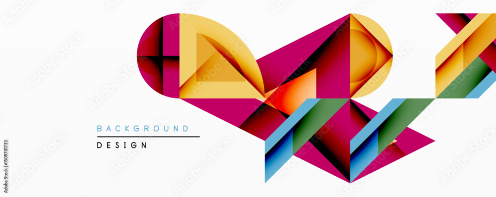 Poster abstract geometric shapes overlap, creating vibrant colorful design. yellow, orange, pink, blue, gre