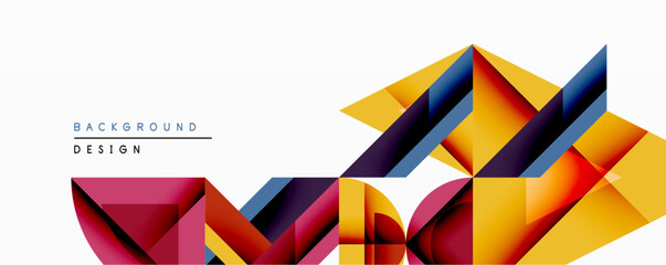 Abstract geometric background. Vibrant shapes overlap, creating dynamic visual effect. Yellow, purple, red hues dominate composition. Modern design element.