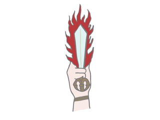 Illustration of a flaming sword held in the hand of a Buddha statue