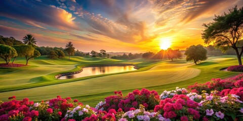 Serene golf course with blooming flowers and lush greenery at sunset, creating a peaceful atmosphere on Valentine's Day