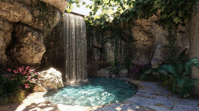A tranquil pool area with a cascading waterfall.