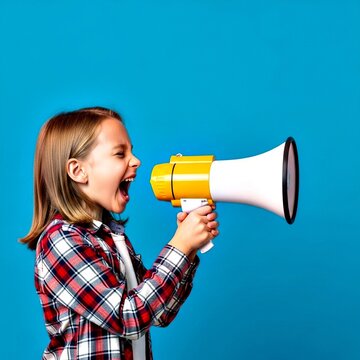 Emotional Girl Shouting into Megaphone &ndash; Announcing News on Blue Studio Background with Copy Space

