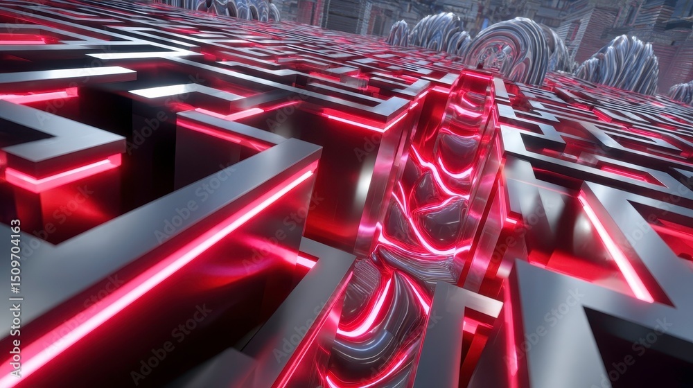 Sticker abstract futuristic maze with red neon lights, technology concept, artificial intelligence.