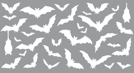 Halloween Bats Grey Background Seamless Pattern White Bats Silhouettes