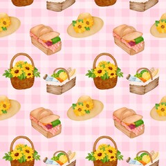 Seamless pattern with summer picnic and Picnic Basket on pastel Pink
