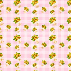 Seamless pattern with summer picnic and Sunflower Bouquet on pastel Pink