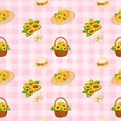 Seamless pattern with summer picnic and Straw Hat on pastel Pink
