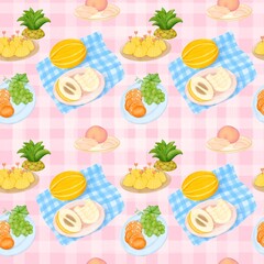 Seamless pattern with summer picnic and fruit Pineapple, Peach and Korean Melon on pastel Pink