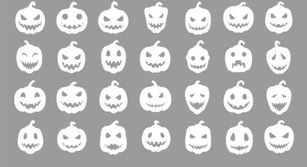 30 Halloween Jack-o'-lantern Faces: White Pumpkins on Gray Background