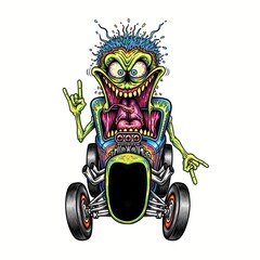 cartoon caricature illustration of a crazy funny wild monster, silly, goofy, humor, expressive, face, driving a vintage hot rod car, caricature, low brow, crazy, humor, driving, creature, exaggerated