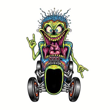cartoon caricature illustration of a crazy funny wild monster, silly, goofy, humor, expressive, face, driving a vintage hot rod car, caricature, low brow, crazy, humor, driving, creature, exaggerated