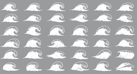 30 Hand-Drawn White Ocean Wave Illustrations Surf Graphics Vector Set
