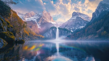 Majestic waterfall cascading into a serene mountain lake.