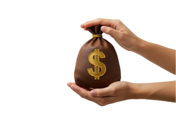 Human hands offering money bag with dollar sign in realistic style, isolated on transparent background representing donation, transaction, or finance