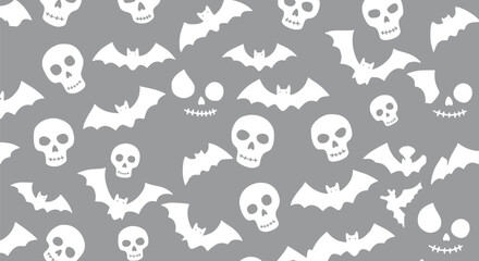 Halloween Seamless Pattern: Bats Skulls Grey Background