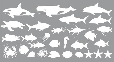 Ocean Animals Silhouettes: Whale Shark Fish Sea Life Clipart